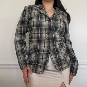 Vintage Aridza Bross Black and Cream Plaid Single Breasted Blazer // size 4